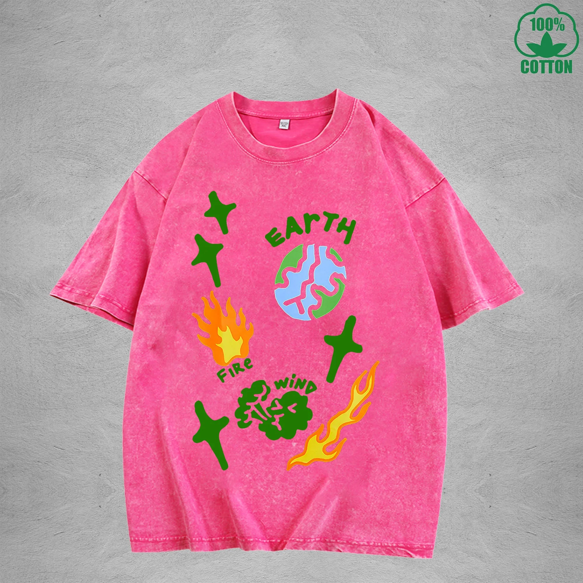 Natural Elements Interest Printed Washed T-Shirt 230G Multicolor Loose Trendy Fashionable Cotton Short Sleeve Top