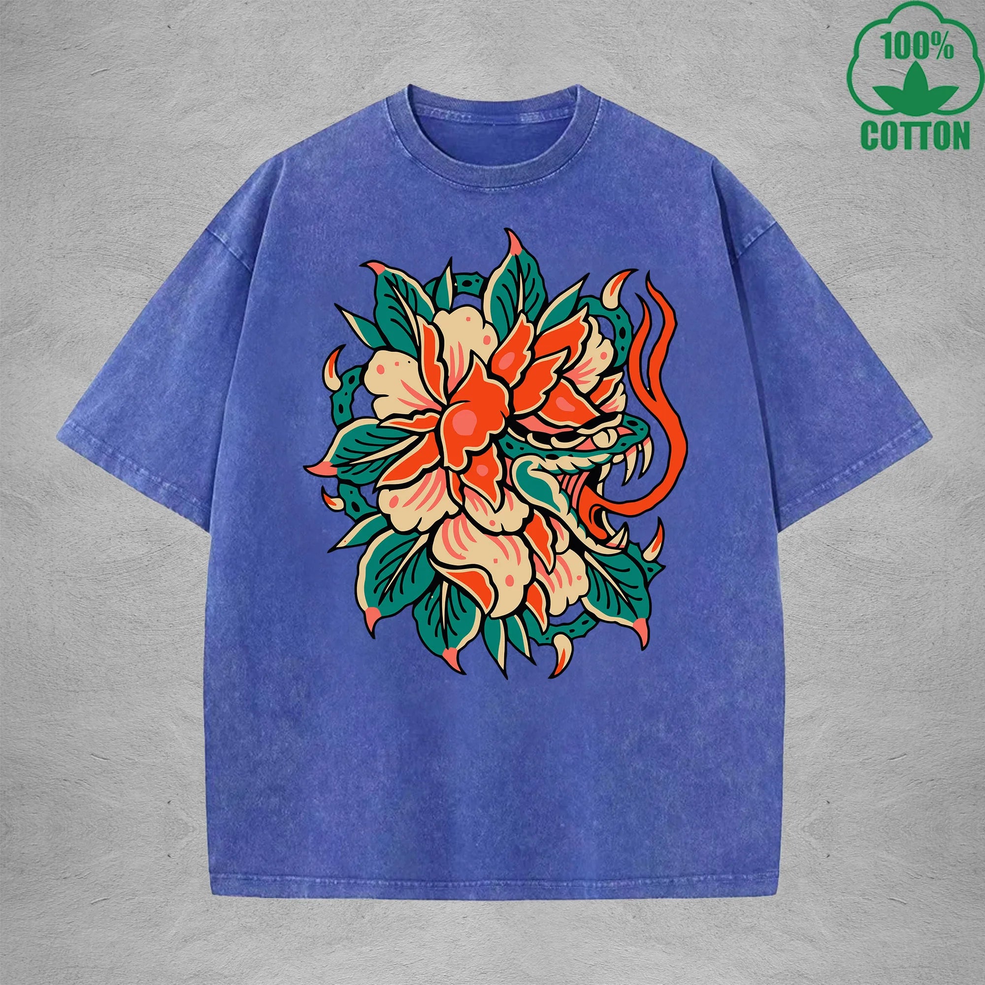 Deadly FlowerInterest Printed Washed T-Shirt 230G Multicolor Loose Trendy Fashionable 100%Cotton Short Sleeve Top