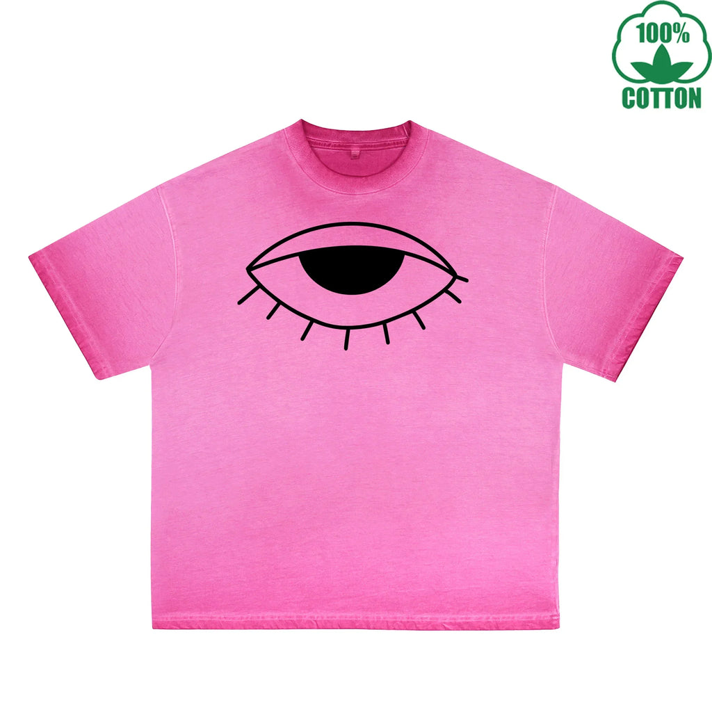 The Mysterious Eye Printed Dirty WashT-Shirt 230G Multicolor Loose Trendy Fashionable 100%Cotton Short Sleeve Top