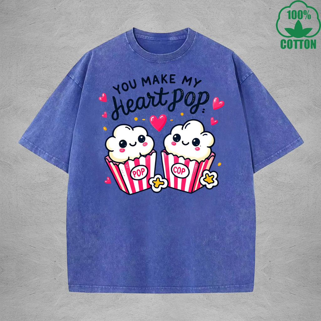 You Make My Heait PopInterest Printed Washed T-Shirt 230G Loose Trendy Fashionable 100%Cotton Short Sleeve Top