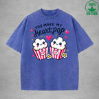 You Make My Heait PopInterest Printed Washed T-Shirt 230G Loose Trendy Fashionable 100%Cotton Short Sleeve Top