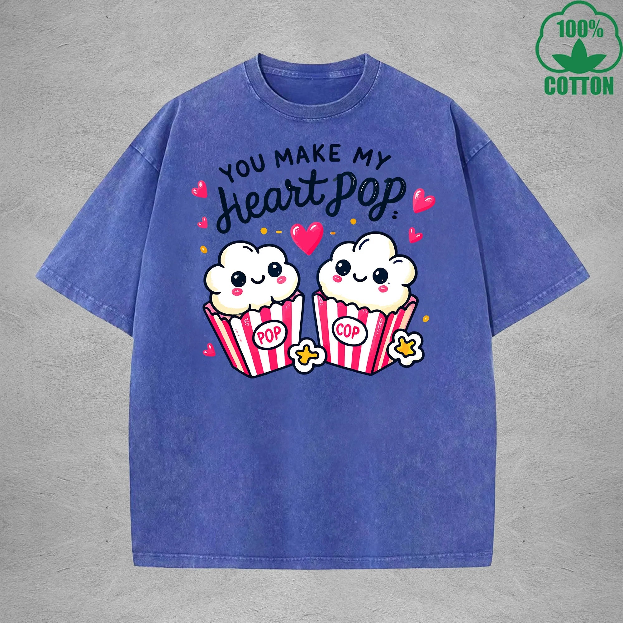 You Make My Heait PopInterest Printed Washed T-Shirt 230G Loose Trendy Fashionable 100%Cotton Short Sleeve Top