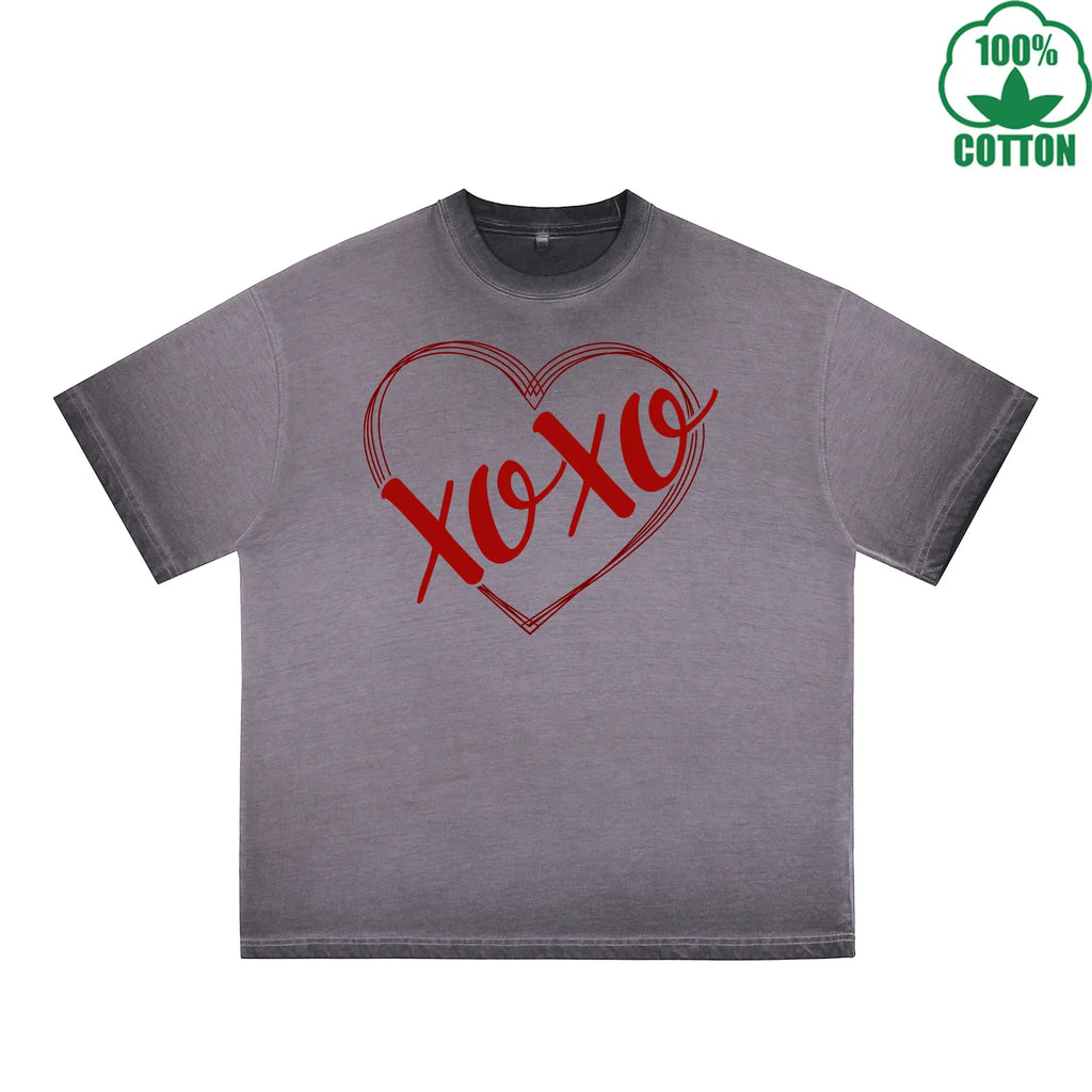 Xoxo Printed Dirty Wash T-Shirt 230G Multicolor Loose Trendy Fashionable 100%Cotton Short Sleeve Top