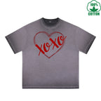 Xoxo Printed Dirty Wash T-Shirt 230G Multicolor Loose Trendy Fashionable 100%Cotton Short Sleeve Top