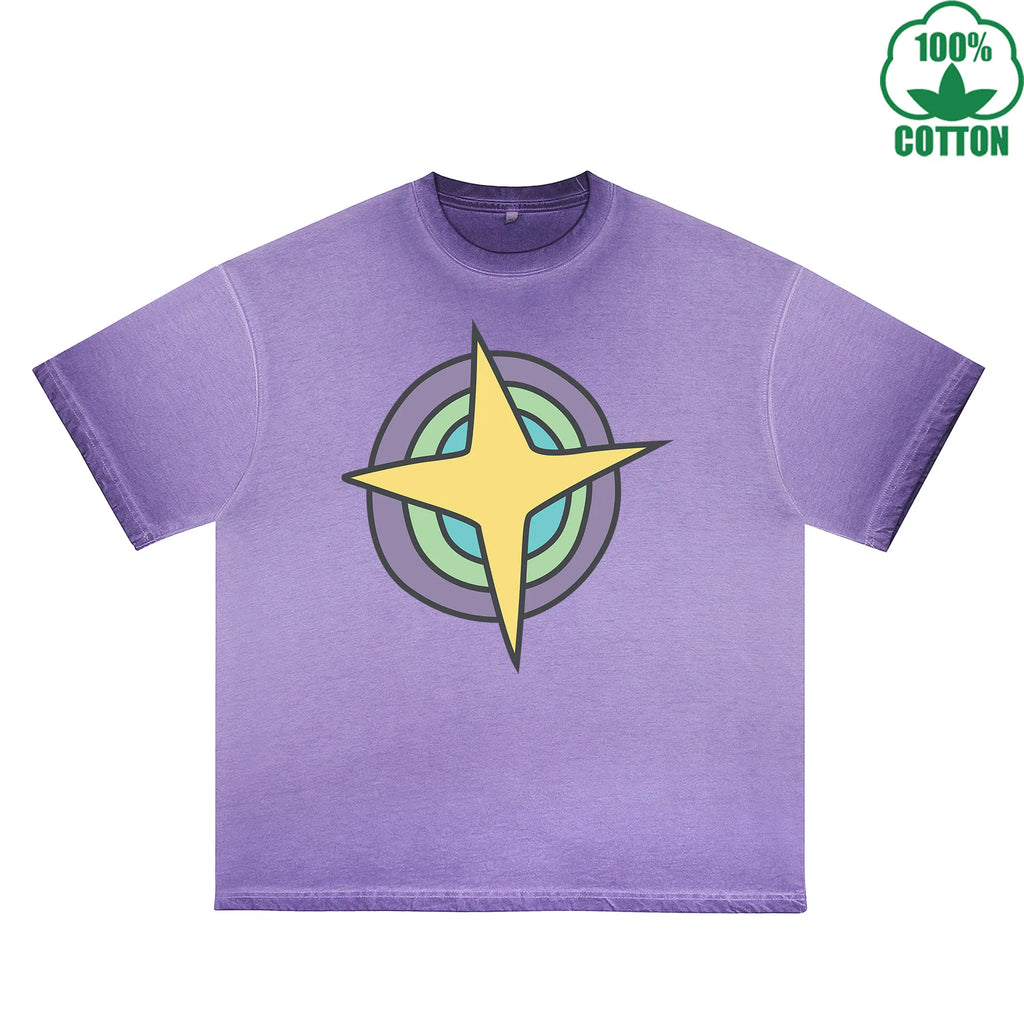 Planet Printed Dirty WashT-Shirt 230G Multicolor Loose Trendy Fashionable 100%Cotton Short Sleeve Top