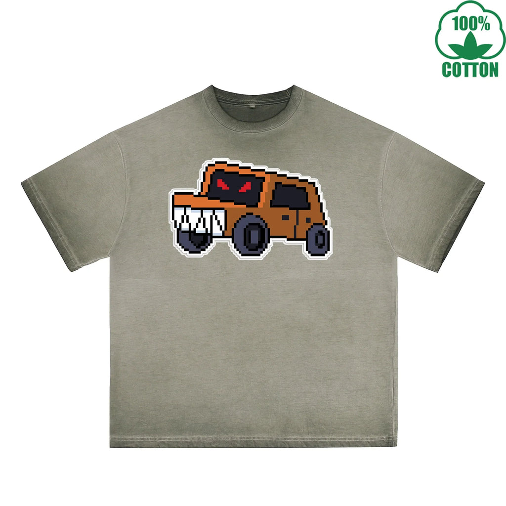 Angry Truck Printed Dirty WashT-Shirt 230G Multicolor Loose Trendy Fashionable 100%Cotton Short Sleeve Top