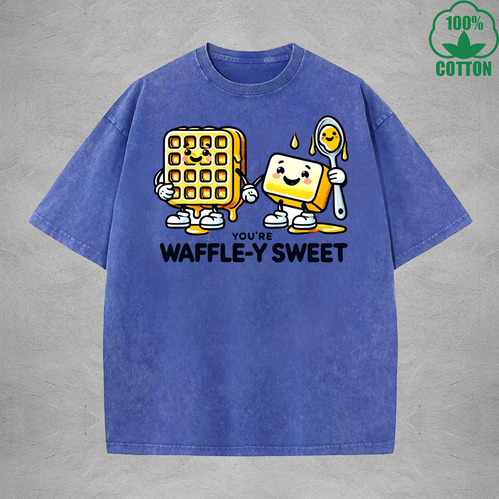 Waffle-Y SweetInterest Printed Washed T-Shirt 230G Loose Trendy Fashionable 100%Cotton Short Sleeve Top