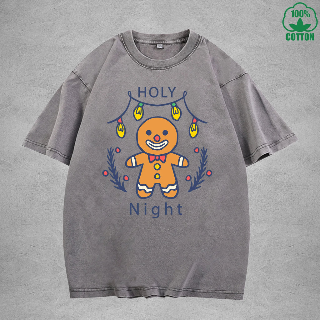 Cute Gingerbread Interest Printed Washed T-Shirt 230G Multicolor Loose Trendy Fashionable 100%Cotton Short Sleeve Top