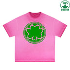 clover coin Printed Dirty Wash T-Shirt 230G Multicolor Loose Trendy Fashionable 100%Cotton Short Sleeve Top