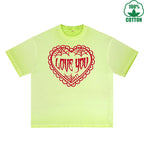 Love You Printed Dirty WashT-Shirt 230G Multicolor Loose Trendy Short Sleeves Fashionable 100%Cotton Top