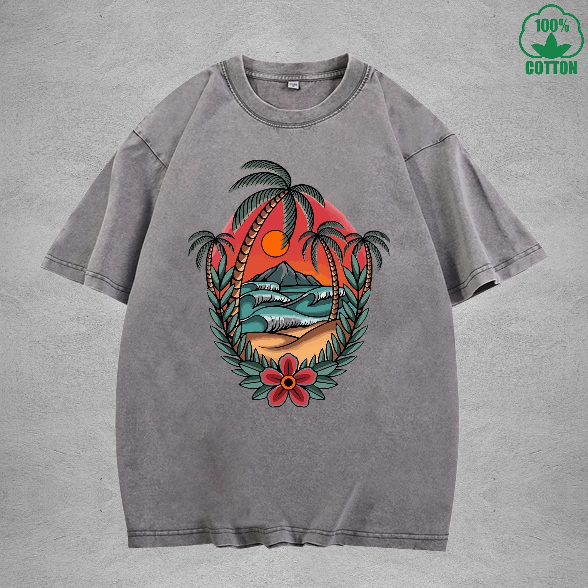 SunsetInterest Printed Washed T-Shirt 230G Multicolor Loose Trendy Fashionable 100%Cotton Short Sleeve Top