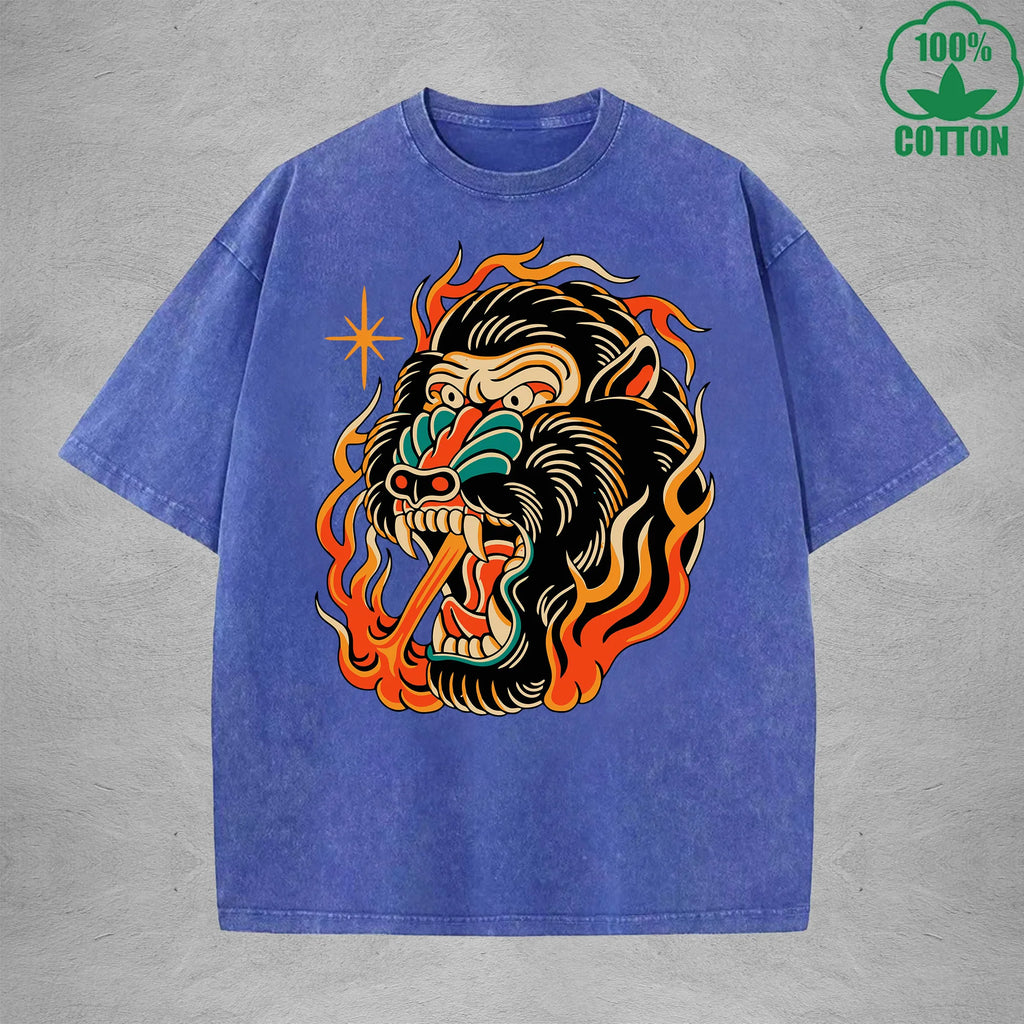 Flame Throwing GorillaInterest Printed Washed T-Shirt 230G Multicolor Loose Trendy Fashionable 100%Cotton Short Sleeve Top