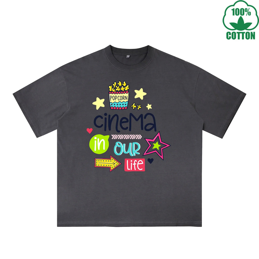 Cinema In Our Life Printed Dirty WashT-Shirt 230G Multicolor Loose Trendy Fashionable 100%Cotton Short Sleeve Top