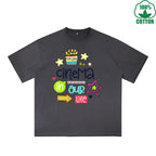 Cinema In Our Life Printed Dirty WashT-Shirt 230G Multicolor Loose Trendy Fashionable 100%Cotton Short Sleeve Top