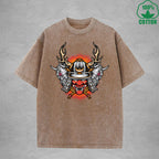 Hell Warrior Interest Printed Washed T-Shirt 230G Multicolor Loose Trendy Fashionable 100%Cotton Short Sleeve Top