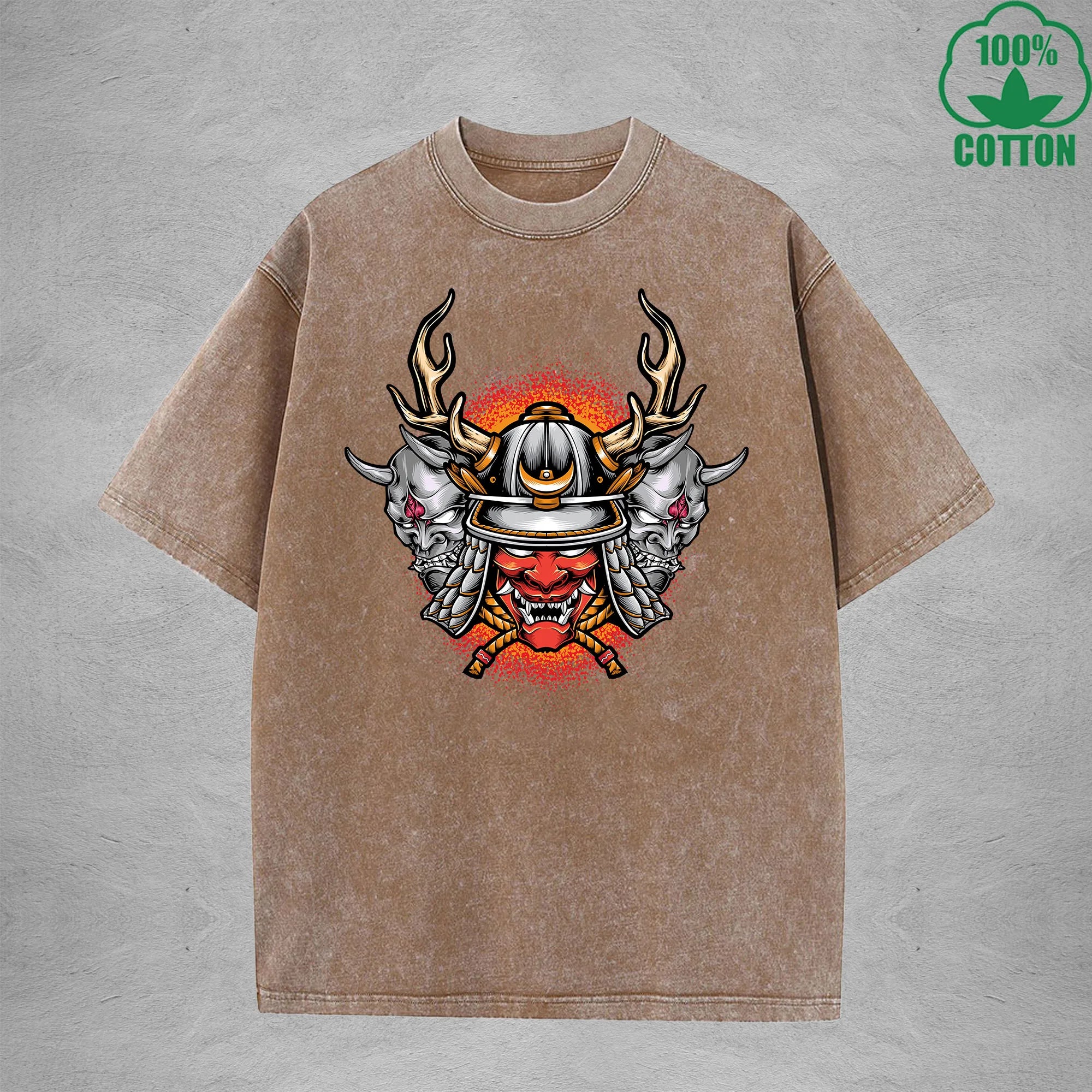 Hell Warrior Interest Printed Washed T-Shirt 230G Multicolor Loose Trendy Fashionable 100%Cotton Short Sleeve Top