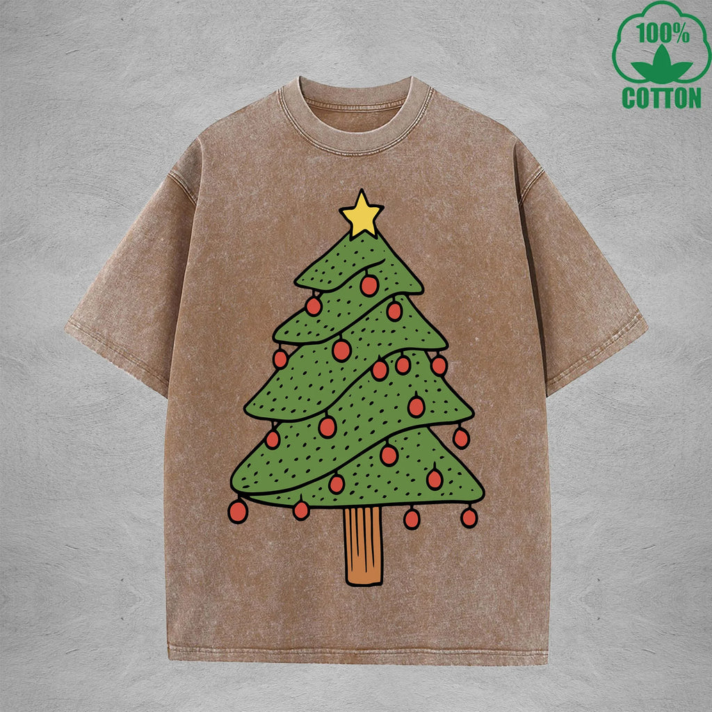 Christmas Tree Interest Printed Washed T-Shirt 230G Multicolor Loose Trendy Fashionable 100%Cotton Short Sleeve Top