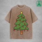 Christmas Tree Interest Printed Washed T-Shirt 230G Multicolor Loose Trendy Fashionable 100%Cotton Short Sleeve Top