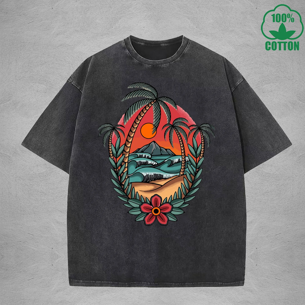 SunsetInterest Printed Washed T-Shirt 230G Multicolor Loose Trendy Fashionable 100%Cotton Short Sleeve Top