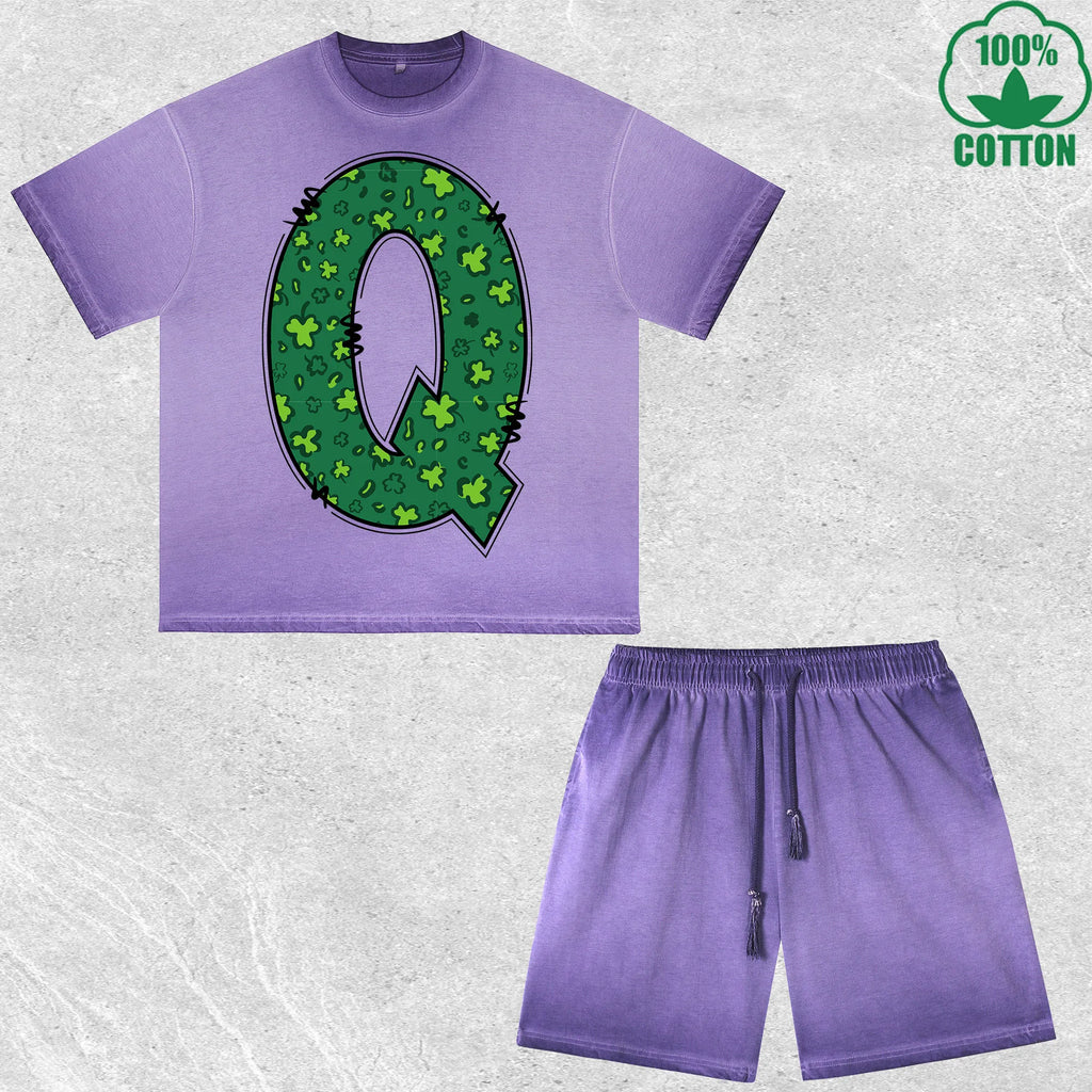 Luck Letter Q Printed Dirty Wash T-Shirt Shorts Set Multicolor Combo Loose Trendy Fashionable 100%Cotton Short Value Pack