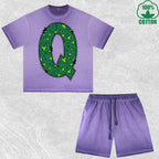 Luck Letter Q Printed Dirty Wash T-Shirt Shorts Set Multicolor Combo Loose Trendy Fashionable 100%Cotton Short Value Pack