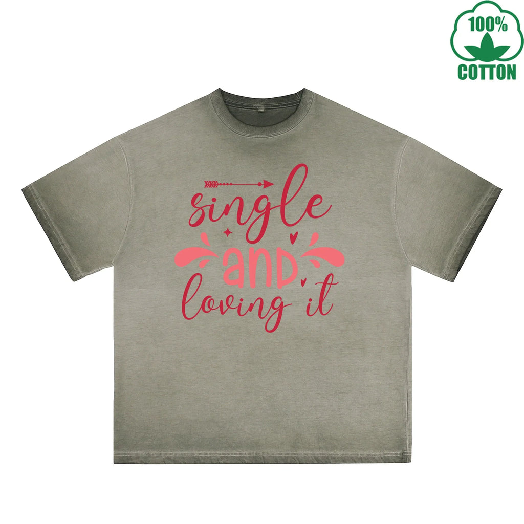 Sing Le Printed Dirty Wash T-Shirt 230G Multicolor Loose Trendy Fashionable 100%Cotton Short Sleeve Top