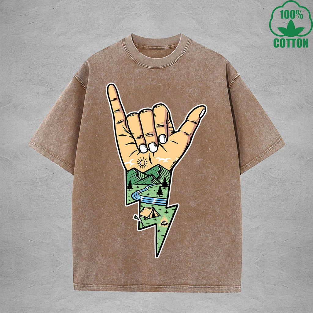 Lightning Camping Interest Printed Washed T-Shirt 230G Multicolor Loose Trendy Fashionable 100%Cotton Short Sleeve Top