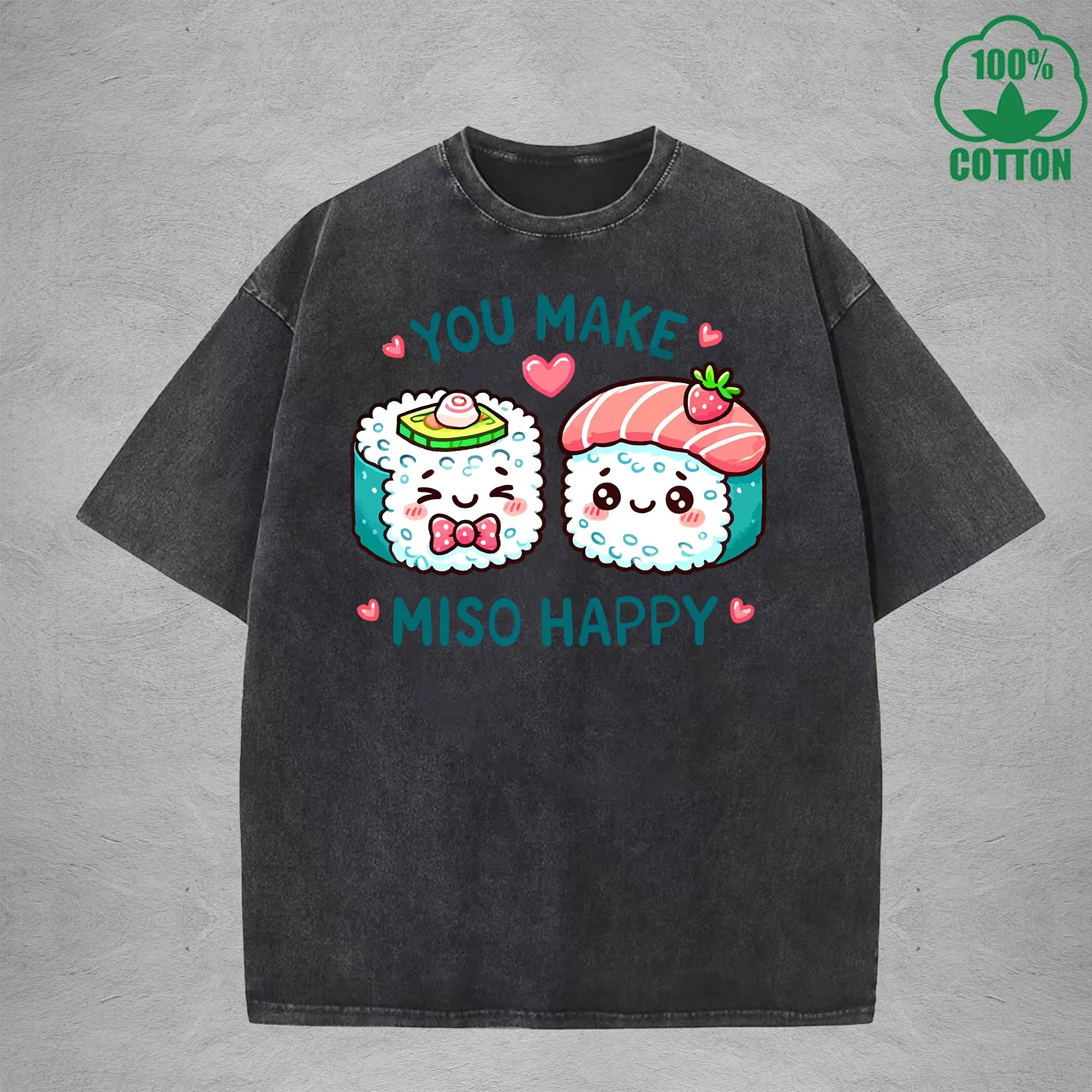 You Make Miso HappyInterest Printed Washed T-Shirt 230G Loose Trendy Fashionable 100%Cotton Short Sleeve Top
