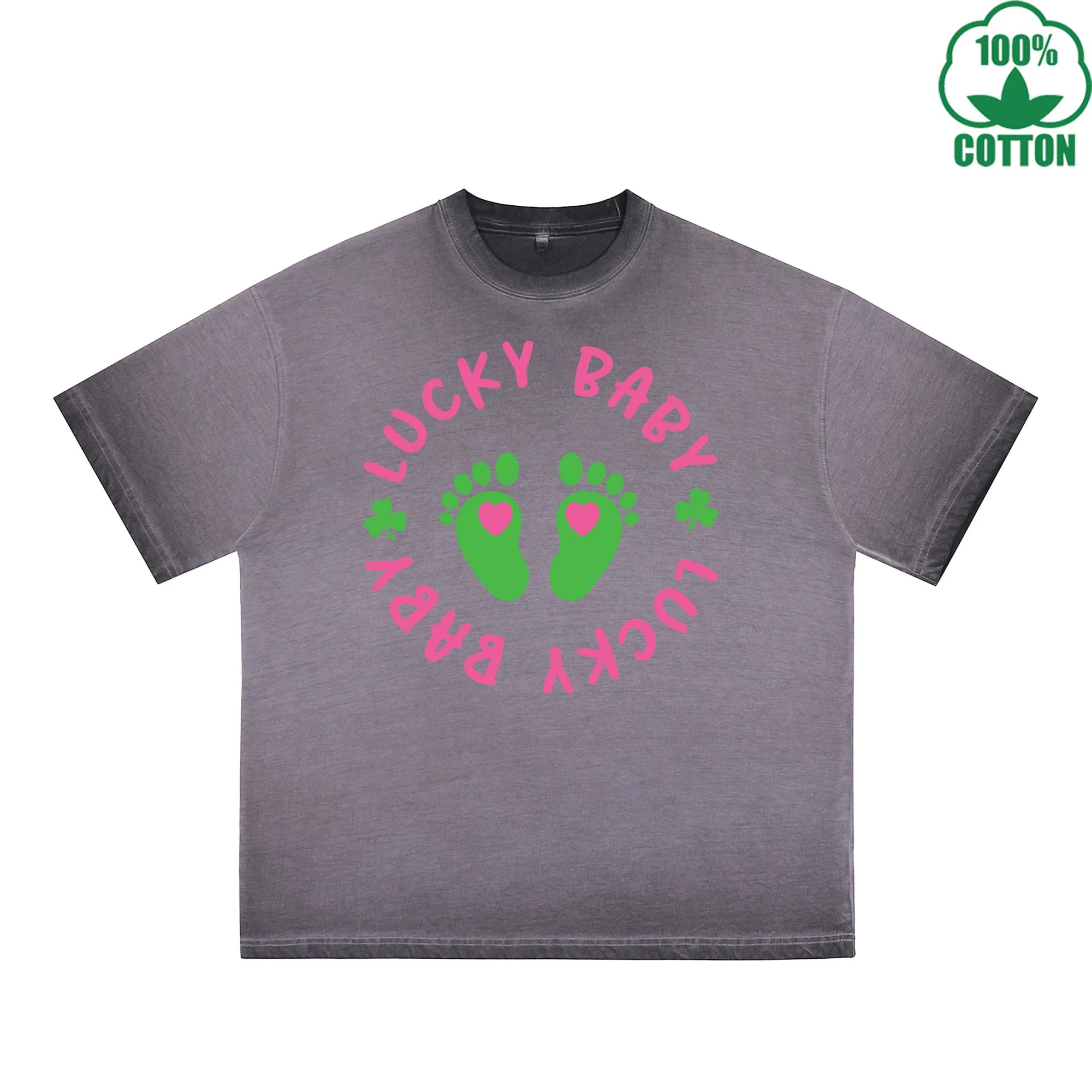 Fatey Baby Printed Dirty Wash T-Shirt 230G Multicolor Loose Trendy Fashionable 100%Cotton Short Sleeve Top