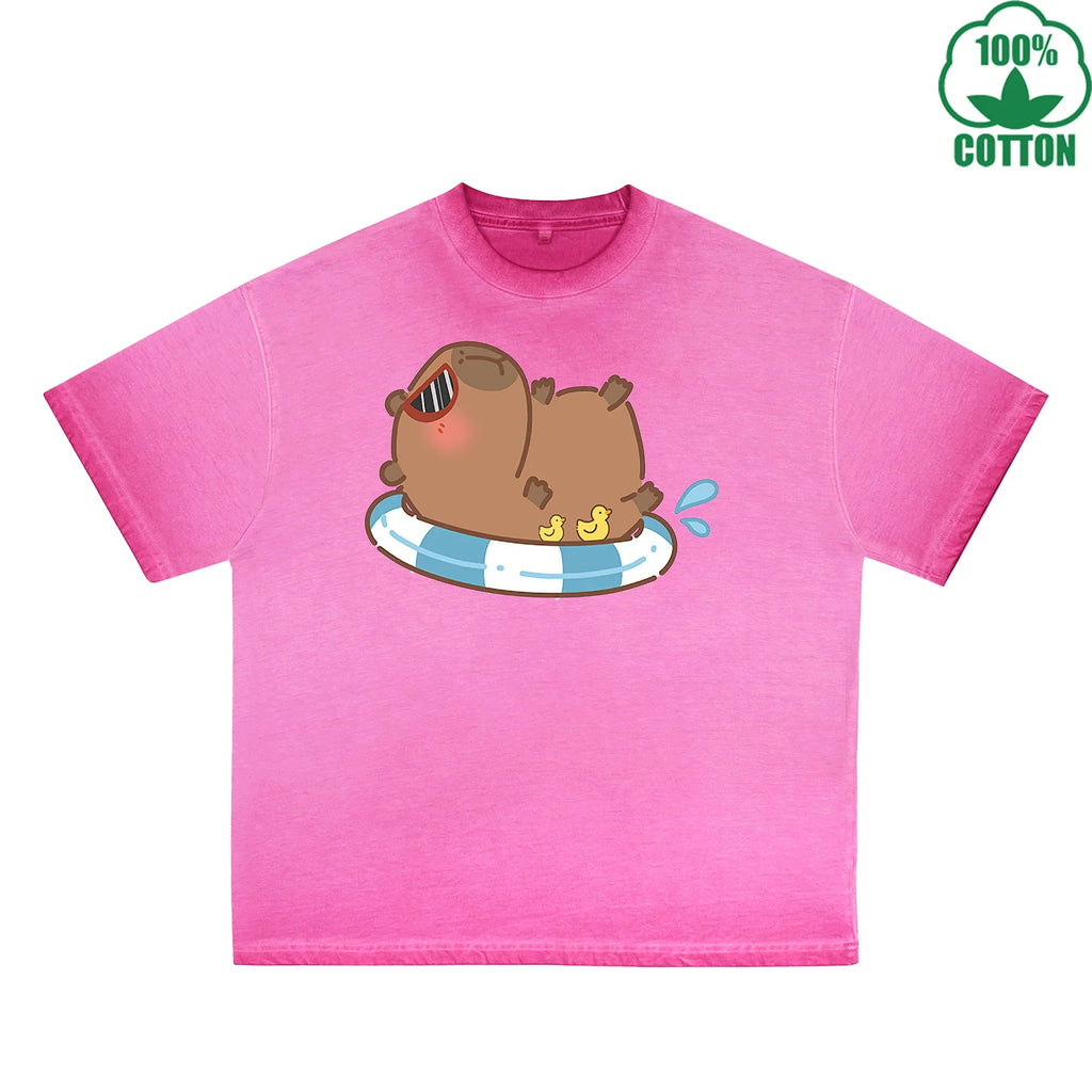 Capybara Sunbathing Printed Dirty WashT-Shirt 230G Multicolor Loose Trendy Fashionable 100%Cotton Short Sleeve Top