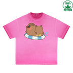 Capybara Sunbathing Printed Dirty WashT-Shirt 230G Multicolor Loose Trendy Fashionable 100%Cotton Short Sleeve Top