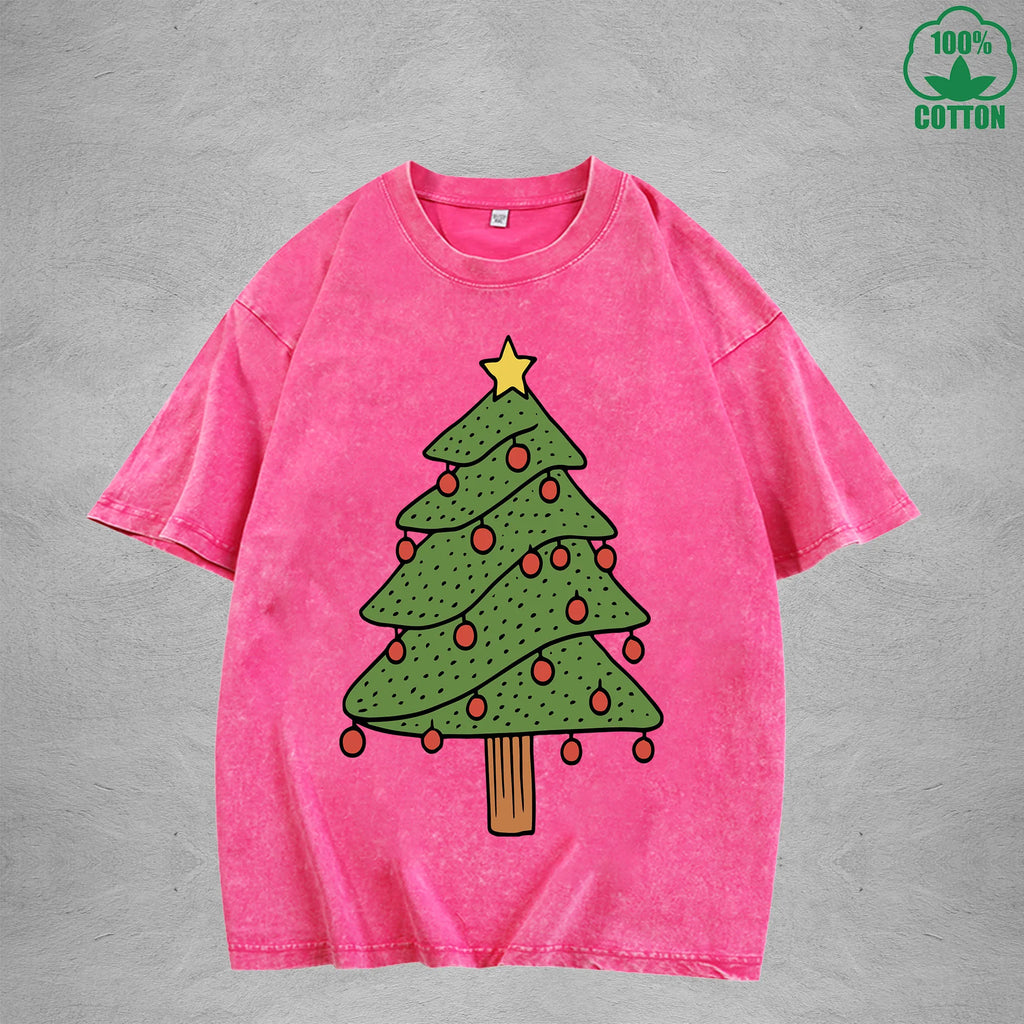 Christmas Tree Interest Printed Washed T-Shirt 230G Multicolor Loose Trendy Fashionable 100%Cotton Short Sleeve Top