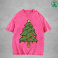 Christmas Tree Interest Printed Washed T-Shirt 230G Multicolor Loose Trendy Fashionable 100%Cotton Short Sleeve Top