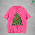Christmas Tree Interest Printed Washed T-Shirt 230G Multicolor Loose Trendy Fashionable 100%Cotton Short Sleeve Top