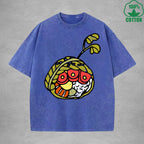Cute Rice BallInterest Printed Washed T-Shirt 230G Multicolor Loose Trendy Fashionable 100%Cotton Short Sleeve Top