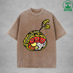 Cute Rice BallInterest Printed Washed T-Shirt 230G Multicolor Loose Trendy Fashionable 100%Cotton Short Sleeve Top