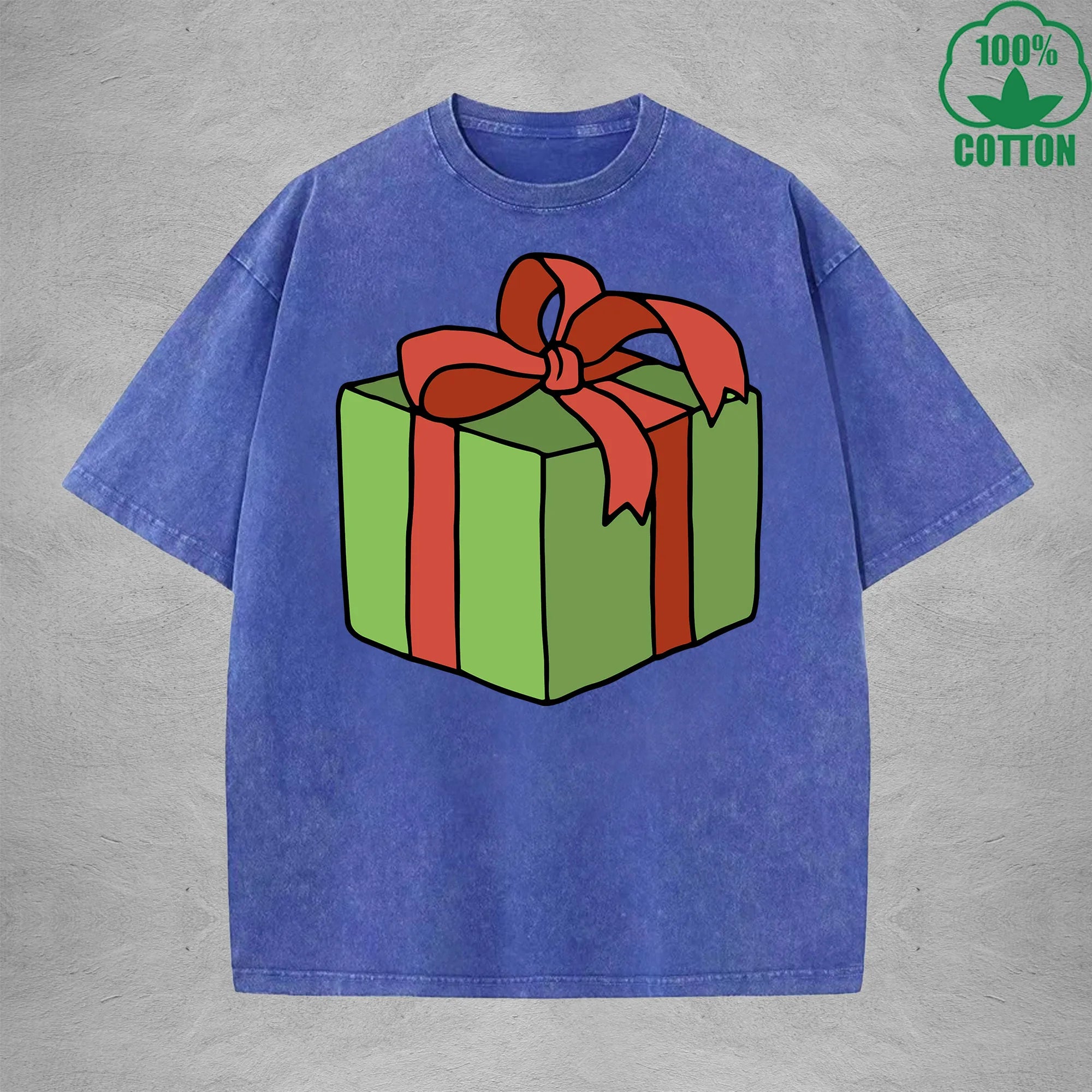 Christmas Present Interest Printed Washed T-Shirt 230G Multicolor Loose Trendy Fashionable 100%Cotton Short Sleeve Top
