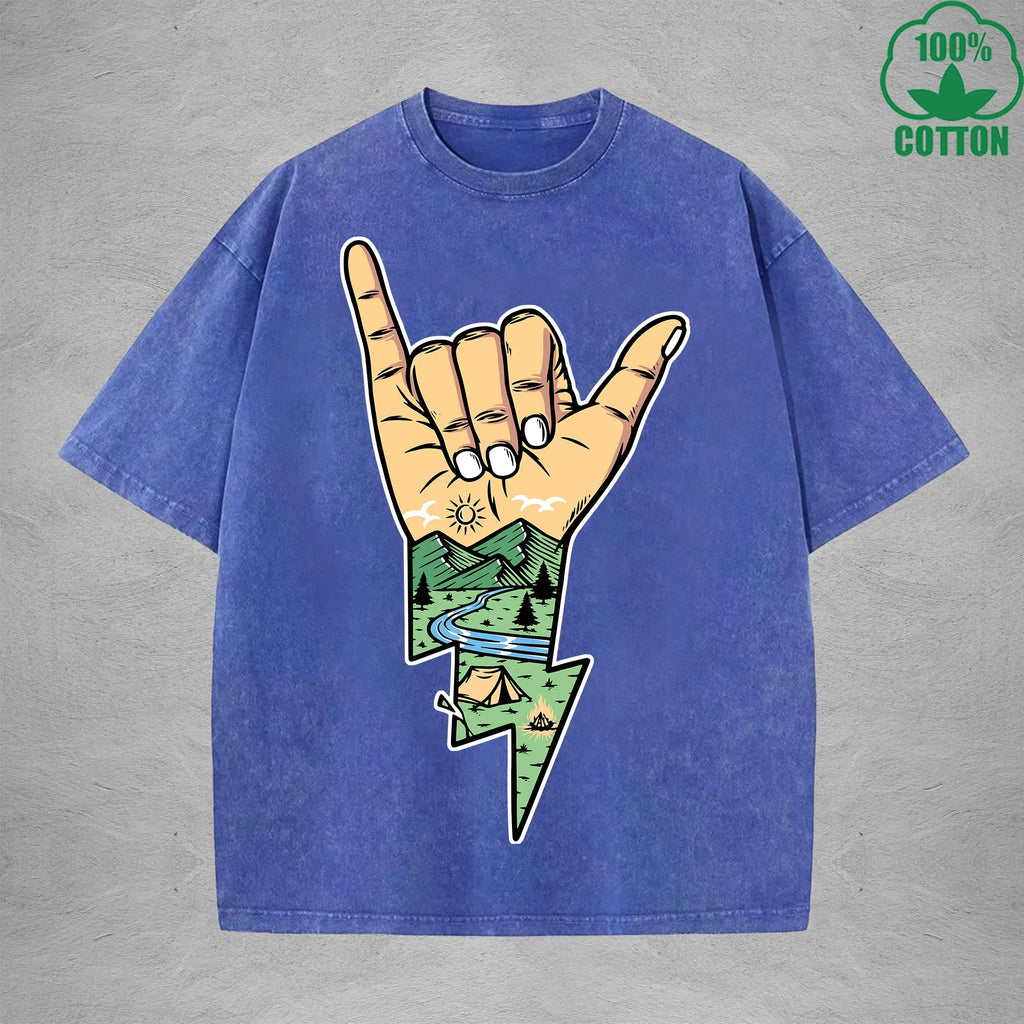 Lightning Camping Interest Printed Washed T-Shirt 230G Multicolor Loose Trendy Fashionable 100%Cotton Short Sleeve Top