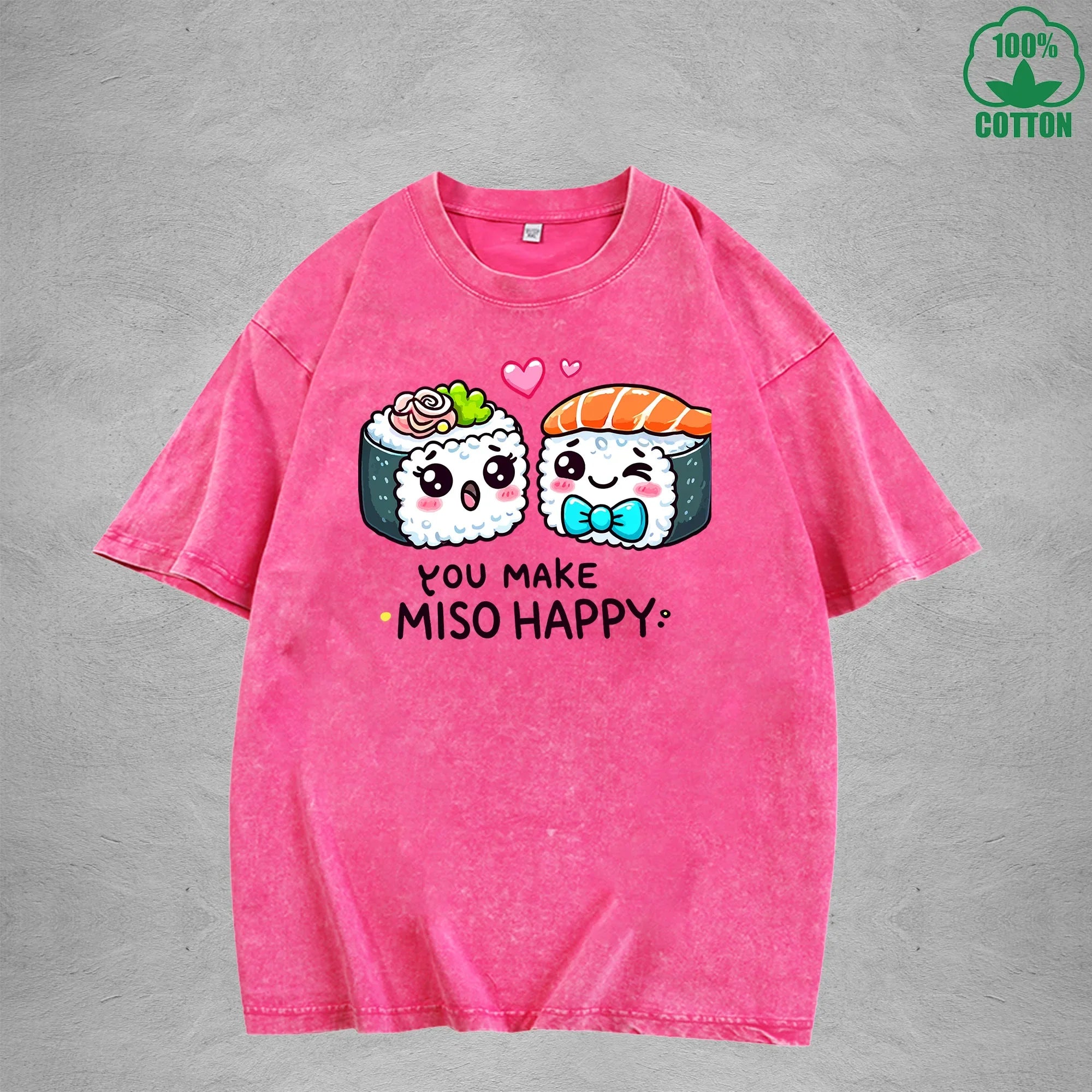 You Make Miso HappyInterest Printed Washed T-Shirt 230G Loose Trendy Fashionable 100%Cotton Short Sleeve Top