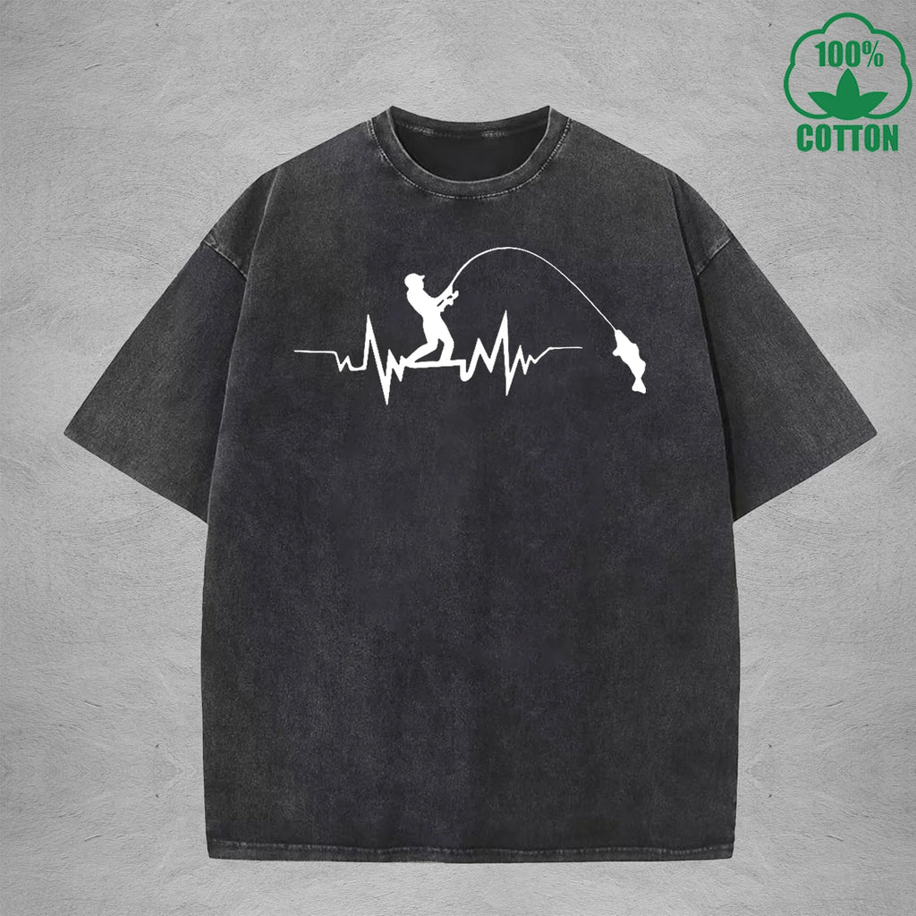 Fisherman Interesting Printed Washed T-Shirt 230G Multicolor Loose Trendy Fashionable Cotton Short Sleeve Top