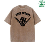 Stay Spooky Quirky Fun Printed Washed T-Shirt 230G American Style Fashion Loose Trendy Fashionable Cotton Short Sleeve Top