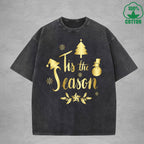 Merry Christmas Interest Printed Washed T-Shirt 230G Multicolor Loose Trendy Fashionable 100%Cotton Short Sleeve Top