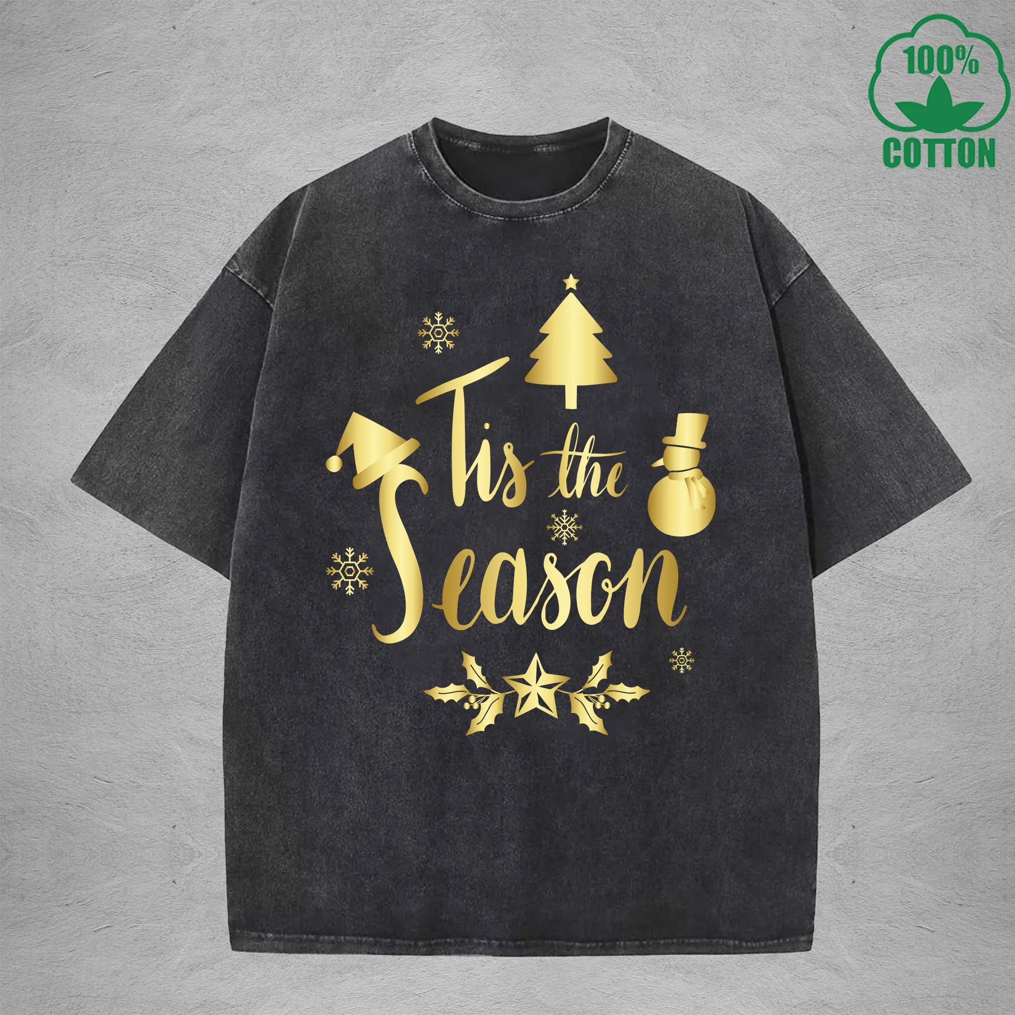 Merry Christmas Interest Printed Washed T-Shirt 230G Multicolor Loose Trendy Fashionable 100%Cotton Short Sleeve Top