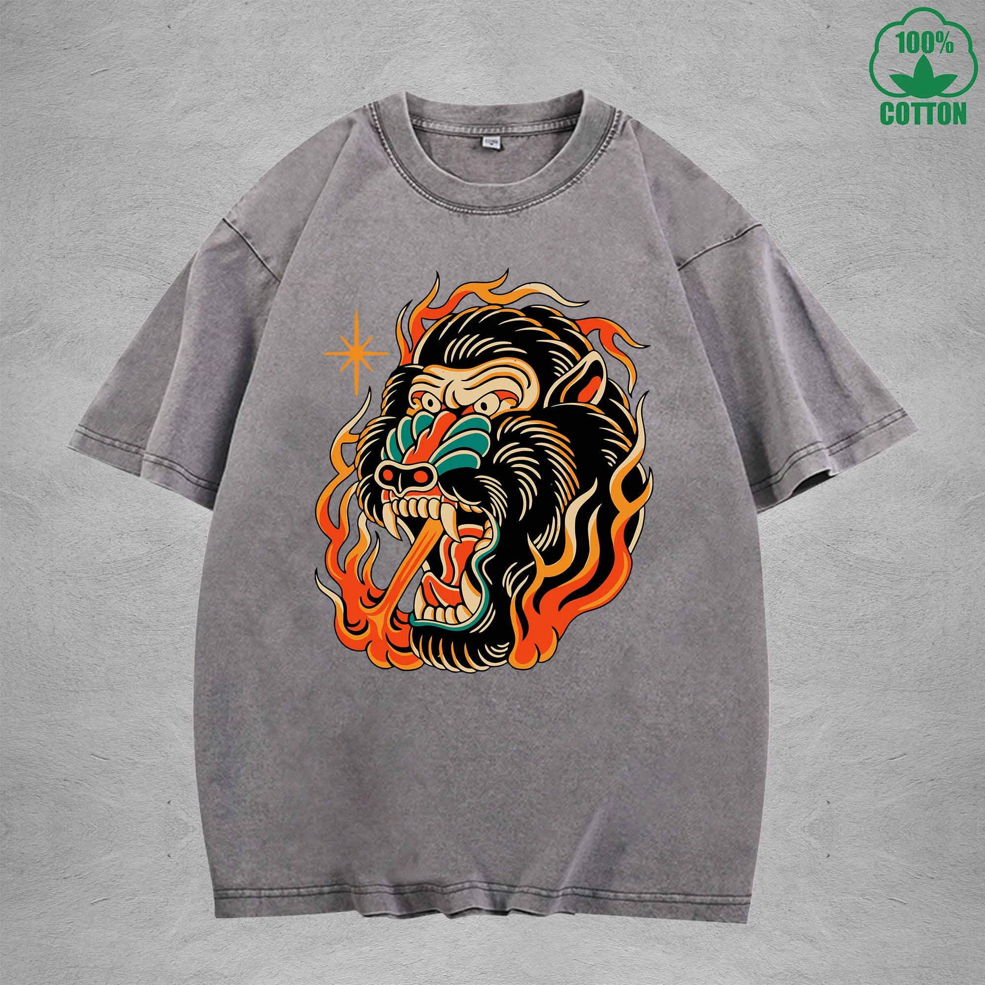 Flame Throwing GorillaInterest Printed Washed T-Shirt 230G Multicolor Loose Trendy Fashionable 100%Cotton Short Sleeve Top