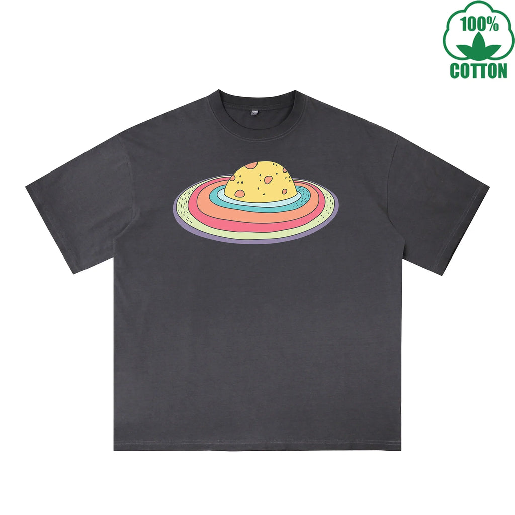 Microcosm Printed Dirty WashT-Shirt 230G Multicolor Loose Trendy Fashionable 100%Cotton Short Sleeve Top
