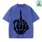 Respect Skeleton Finger Printed Washed T-Shirt 230G Multicolor Loose Trendy Fashionable Cotton Short Sleeve Top
