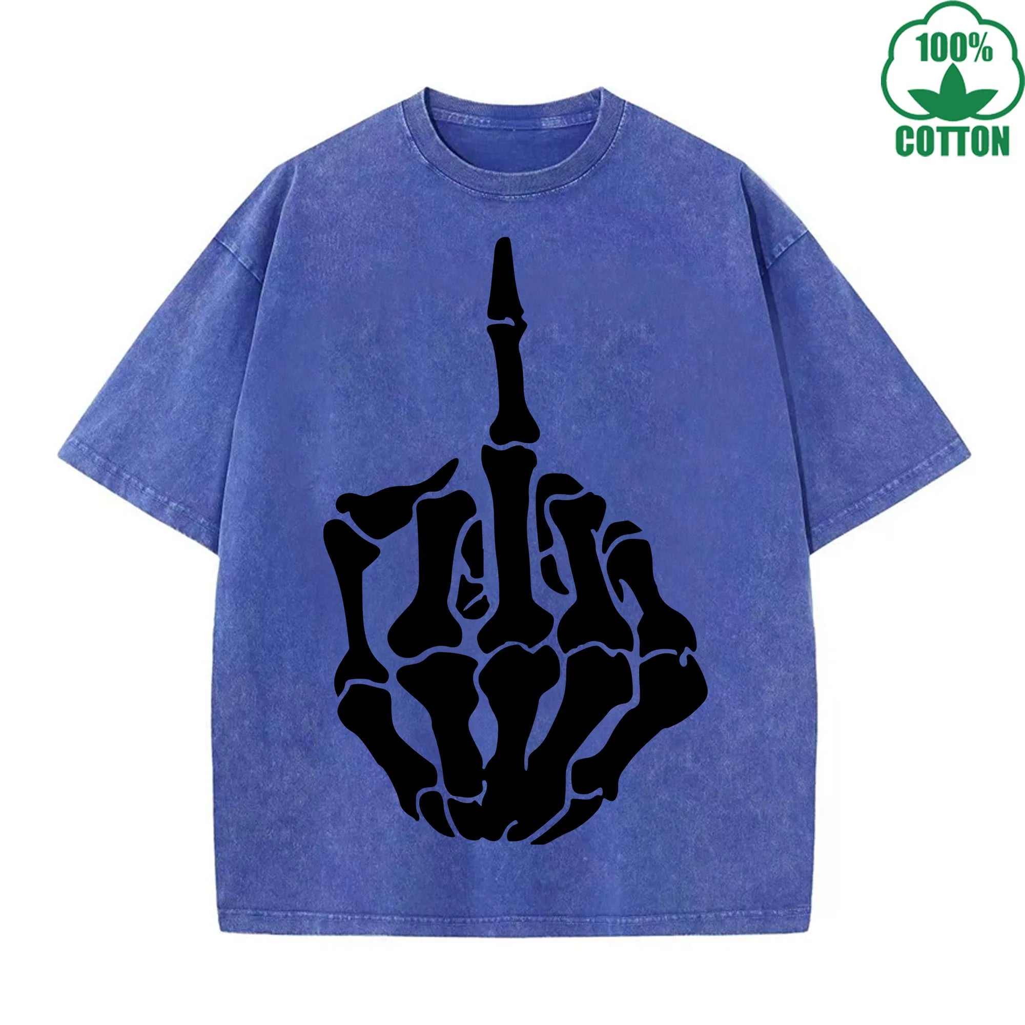 Respect Skeleton Finger Printed Washed T-Shirt 230G Multicolor Loose Trendy Fashionable Cotton Short Sleeve Top