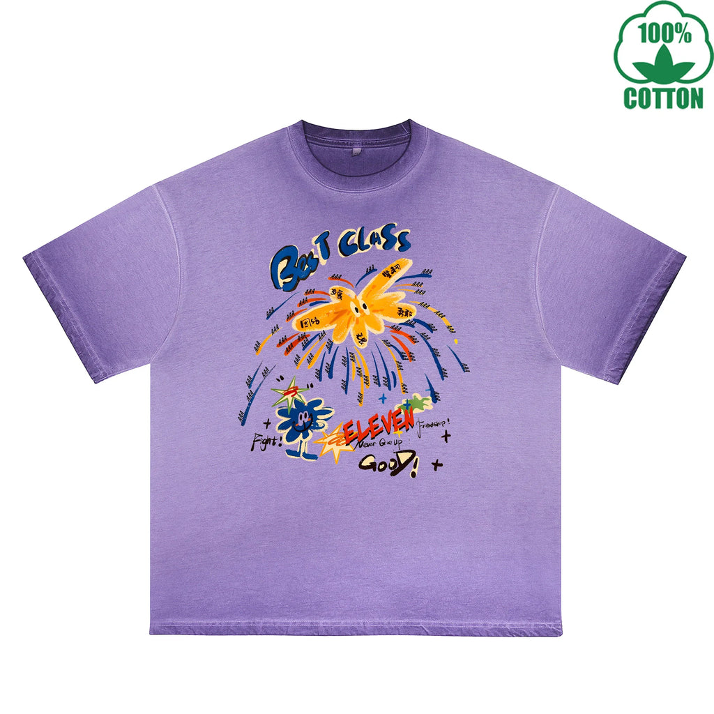 Bes T CLASS Printed Dirty WashT-Shirt 230G Multicolor Loose Trendy Short Sleeves Fashionable 100%Cotton Top