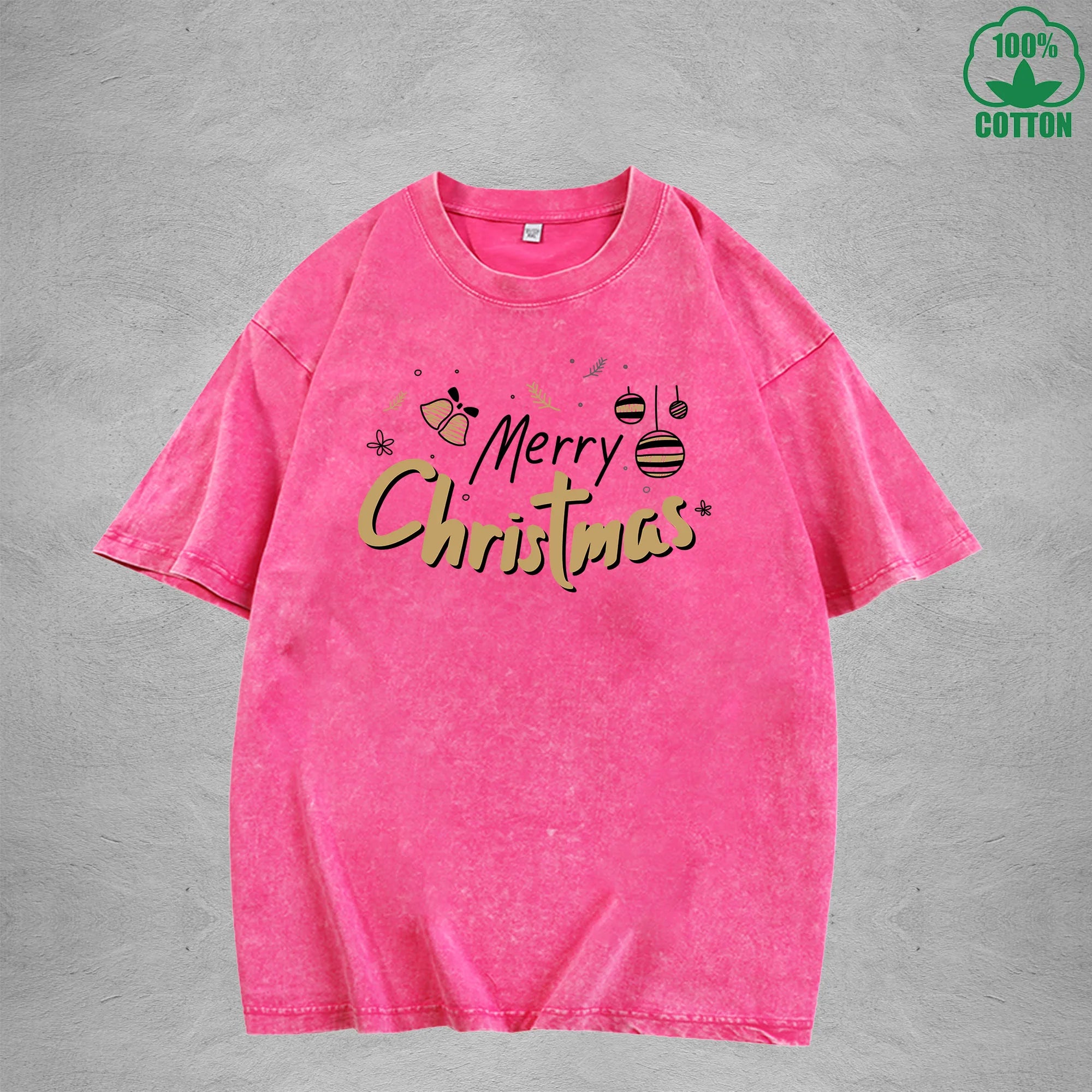Merry Christmas Interest Printed Washed T-Shirt 230G Multicolor Loose Trendy Fashionable 100%Cotton Short Sleeve Top