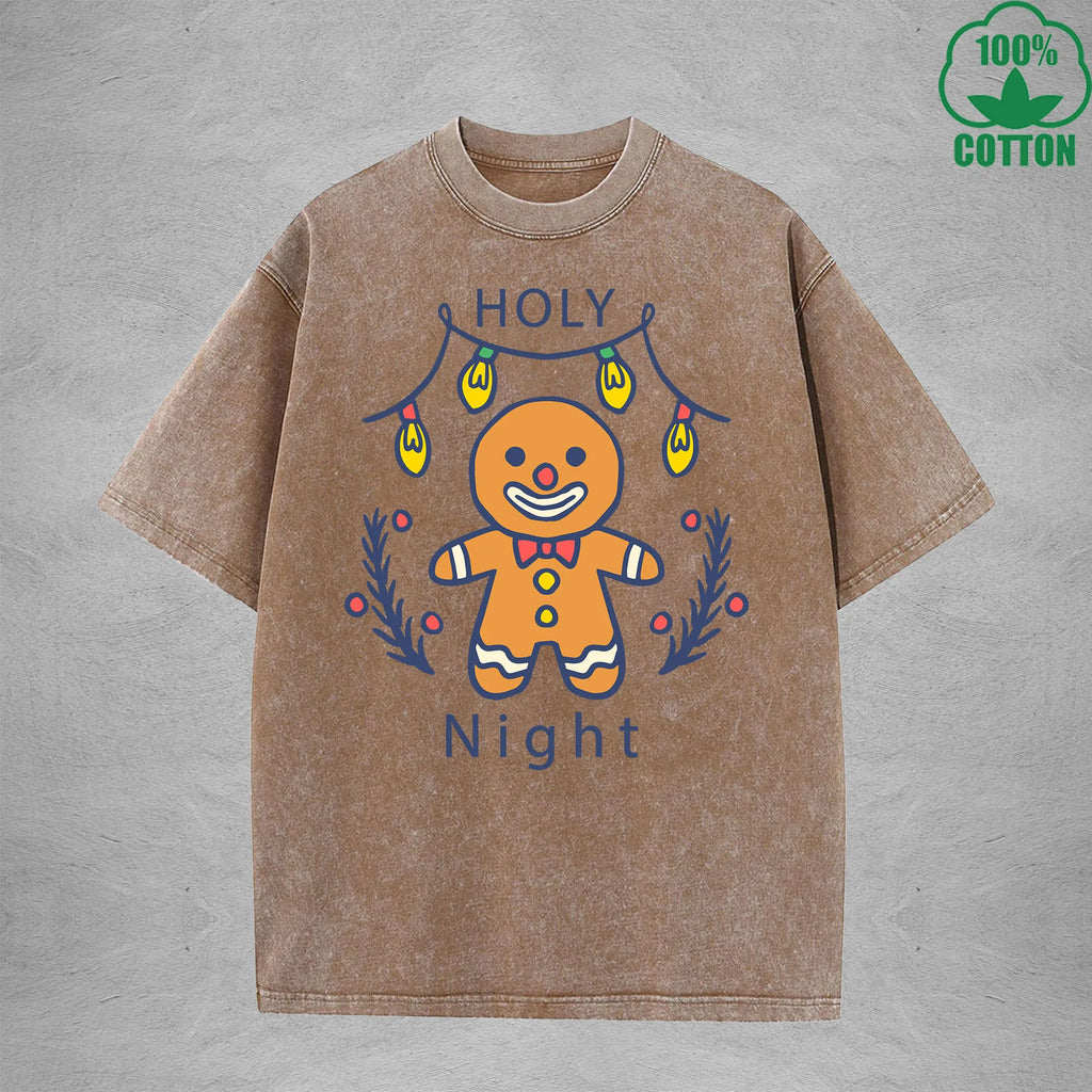 Cute Gingerbread Interest Printed Washed T-Shirt 230G Multicolor Loose Trendy Fashionable 100%Cotton Short Sleeve Top